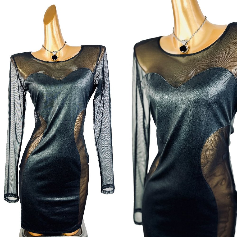 Vintage 90s y2k grunge goth black see through mesh faux leather formal dress